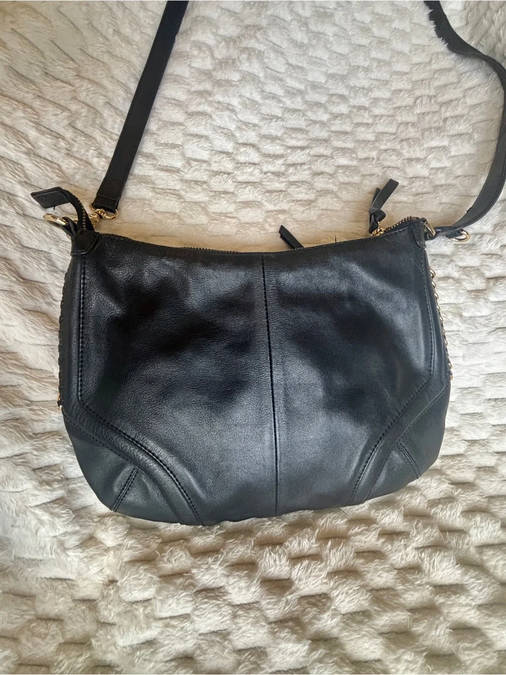 Perlina black, leather hobo Crossbody bag, gold chain detail excellent condition